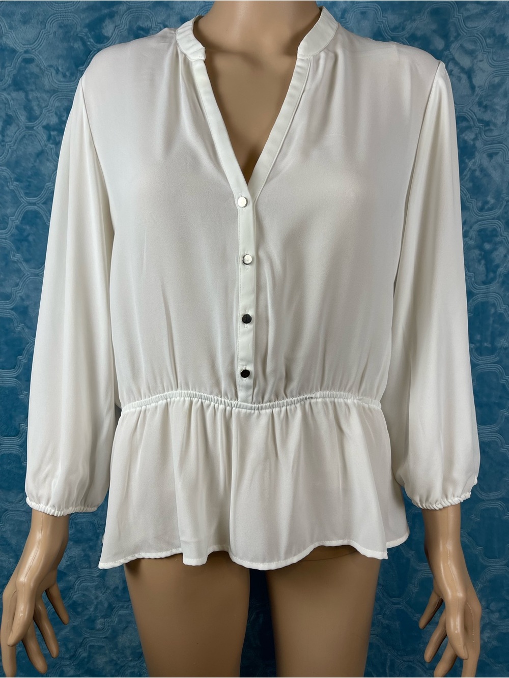Classic Ivory Peplum V-Neck Blouse with Button Placket